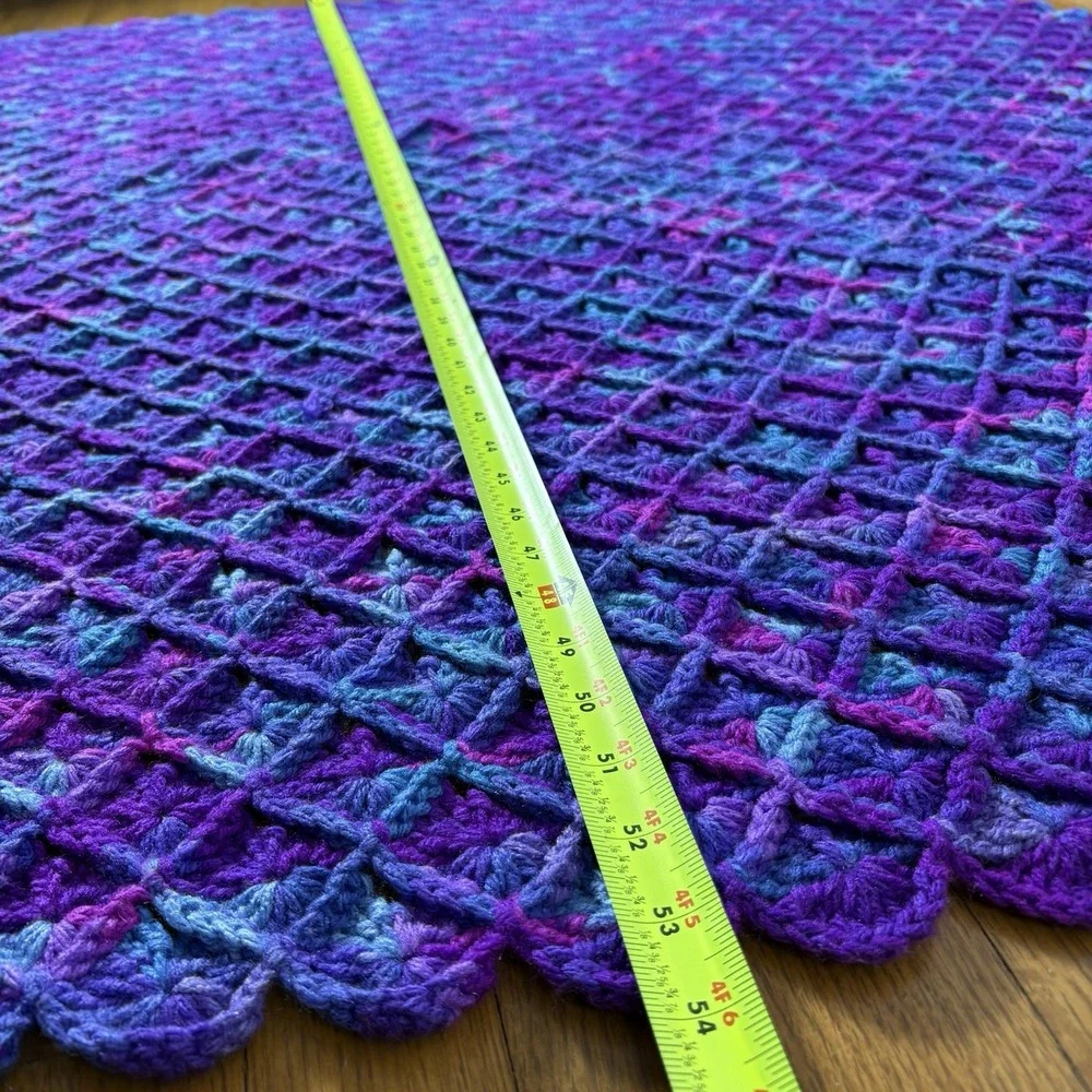 Handmade Crochet Blue Purple Pink Granny Square Style Retro Afghan Blanket VTG‎